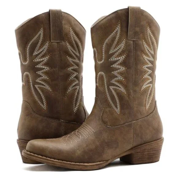 Women's Western Cowgirl Boots Chunky Low Heel Square Toe Vegan Leather - Picture 5 of 8